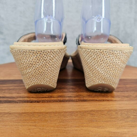 Vionic Grenada Wedge Thong Sandals 10 Black Patent Leather Woven Tan Orthopedic - Picture 8 of 14